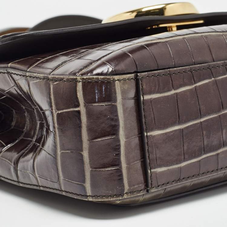 Pre Owned Chloe Dark Grey/Brown Croc Embossed Leather C Top Handle Bag