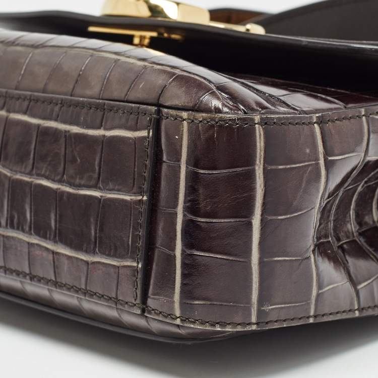 Pre Owned Chloe Dark Grey/Brown Croc Embossed Leather C Top Handle Bag