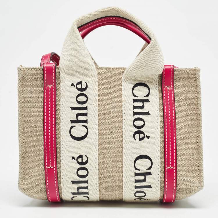 Pre Owned Chloe Pink/Beige Canvas and Leather Mini Woody Tote