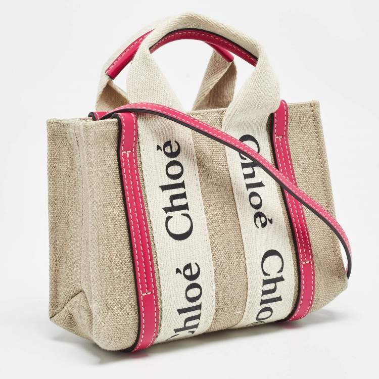 Pre Owned Chloe Pink/Beige Canvas and Leather Mini Woody Tote
