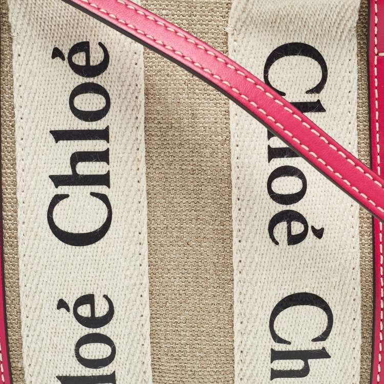Pre Owned Chloe Pink/Beige Canvas and Leather Mini Woody Tote