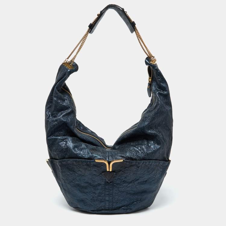 Pre Owned Chloe Metallic Blue Leather Milton Triple Chain Hobo