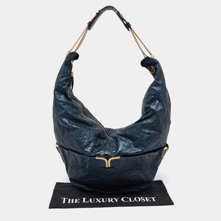 Pre Owned Chloe Metallic Blue Leather Milton Triple Chain Hobo