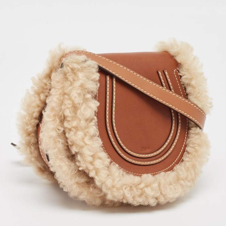 Pre Owned Chloé   Brown/Cream Shearling Fur and Leather Mini Marcie Shoulder Bag