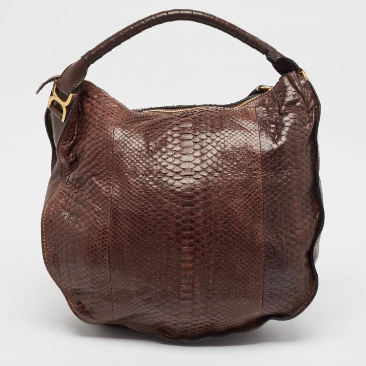 Pre Owned Chloe Choco Brown Python Large Marcie Hobo