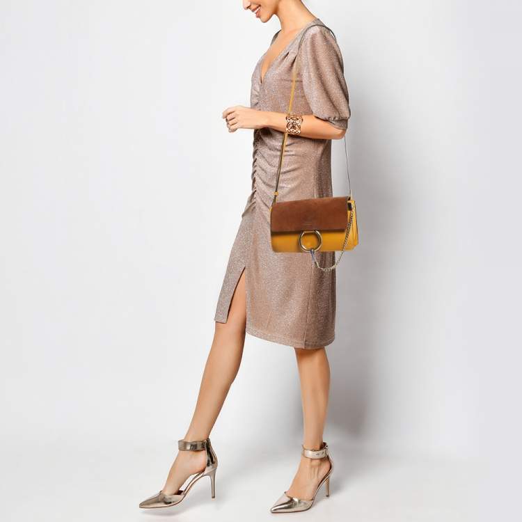 مملوكة مسبقًا Chloe Mustard/Brown Leather and Suede Small Faye Shoulder Bag