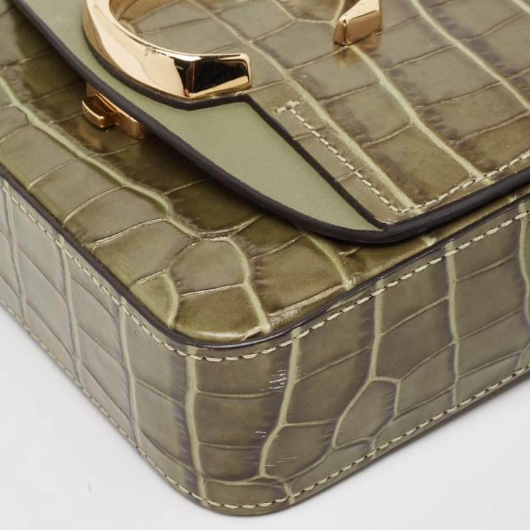 Pre Owned Chloé Two Tone Green Croc Embossed Leather Mini C Top Handle Bag