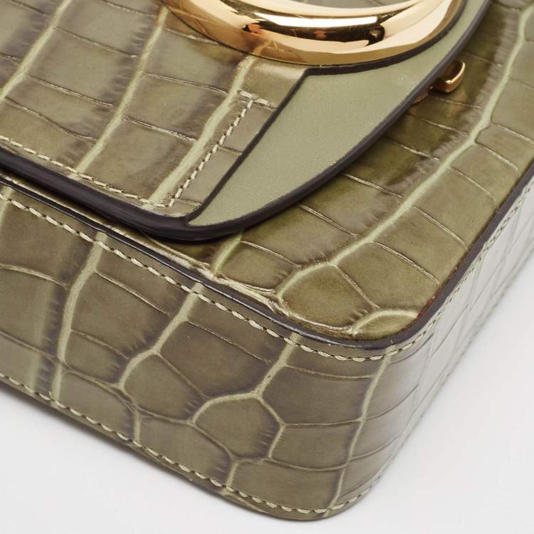 Pre Owned Chloé Two Tone Green Croc Embossed Leather Mini C Top Handle Bag