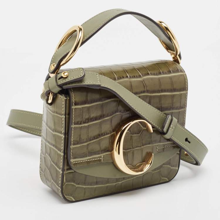 Pre Owned Chloé Two Tone Green Croc Embossed Leather Mini C Top Handle Bag