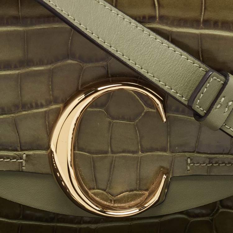 Pre Owned Chloé Two Tone Green Croc Embossed Leather Mini C Top Handle Bag