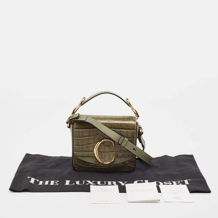 Pre Owned Chloé Two Tone Green Croc Embossed Leather Mini C Top Handle Bag