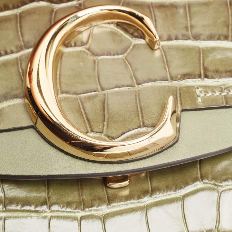 Pre Owned Chloé Two Tone Green Croc Embossed Leather Mini C Top Handle Bag