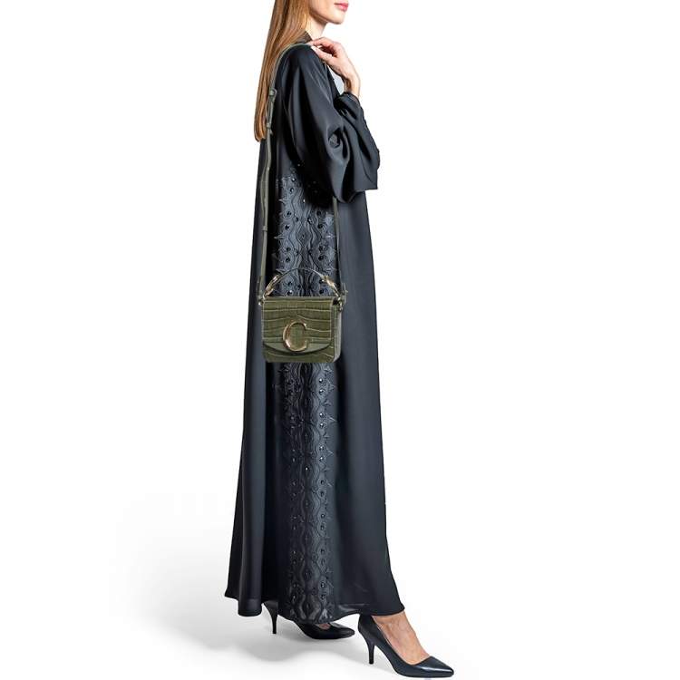 Pre Owned Chloé Two Tone Green Croc Embossed Leather Mini C Top Handle Bag