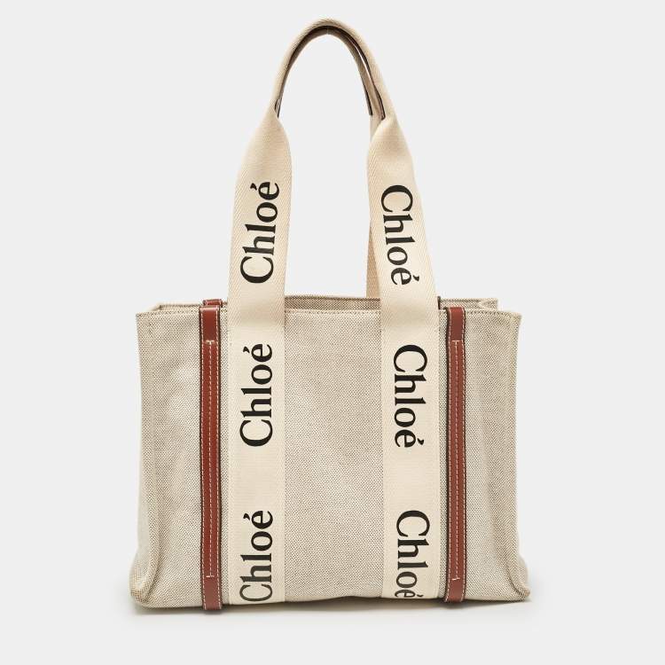 Pre Owned Chloe Beige Canvas and Leather Medium Woody Tote