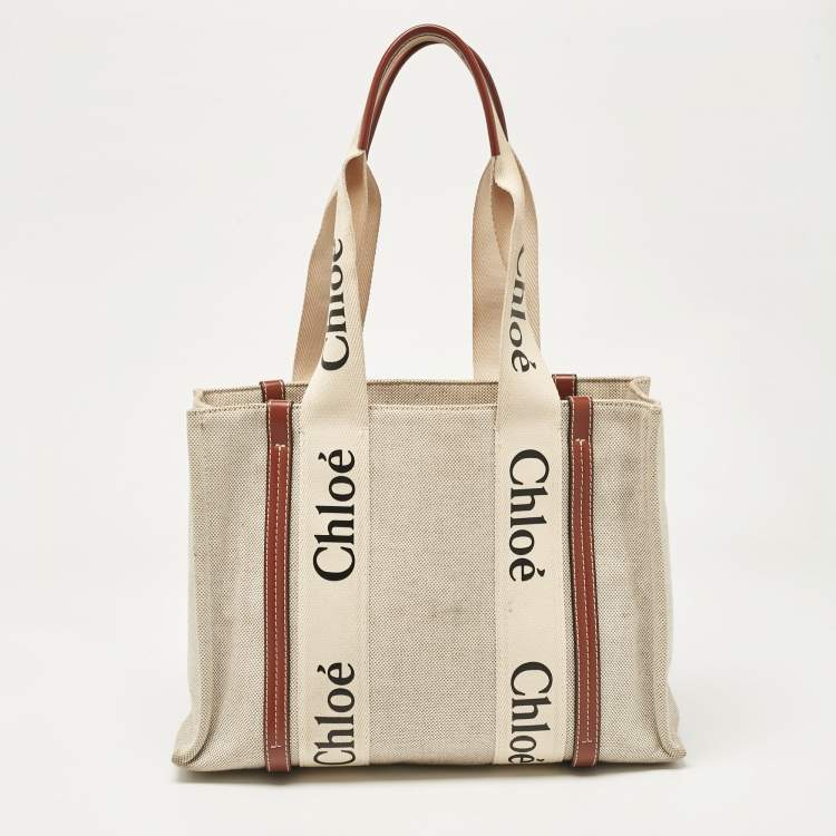 Pre Owned Chloe Beige Canvas and Leather Medium Woody Tote