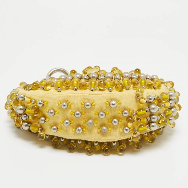 Pre Owned Chloe Yellow Fabric Embellished Crescent Hobo