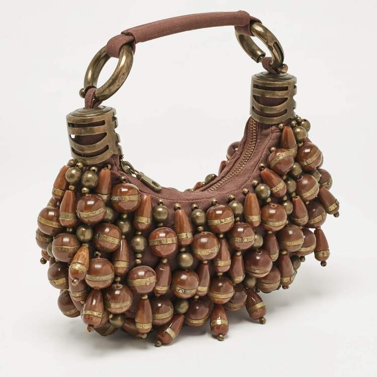 Pre Owned Chloe Brown Canvas Beads Embellished Hobo