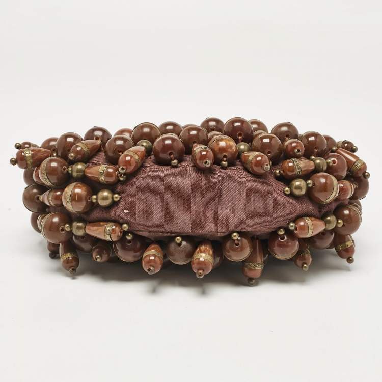 Pre Owned Chloe Brown Canvas Beads Embellished Hobo