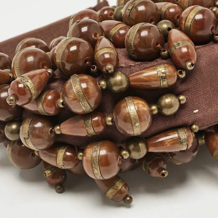 Pre Owned Chloe Brown Canvas Beads Embellished Hobo