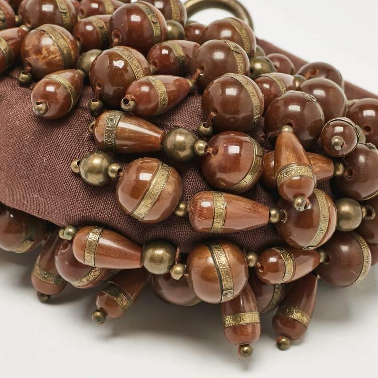 Pre Owned Chloe Brown Canvas Beads Embellished Hobo