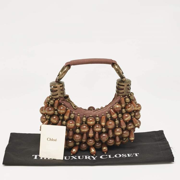 Pre Owned Chloe Brown Canvas Beads Embellished Hobo
