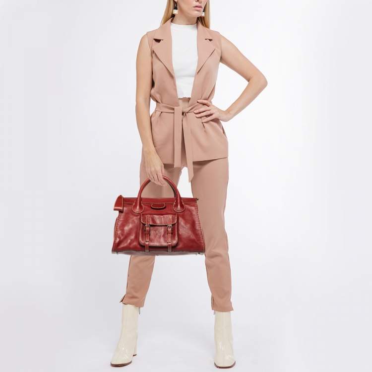 Pre Owned Chloe Red Leather Front Pocket Edith Satchel