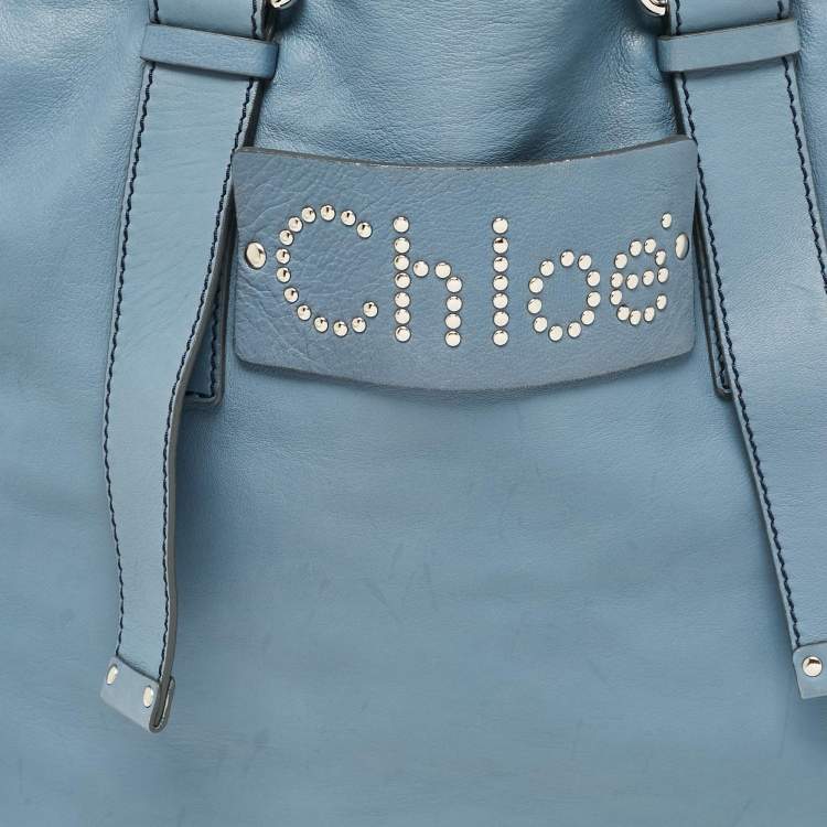 Pre Owned Chloe Blue Leather Studded Logo Patsy Tote