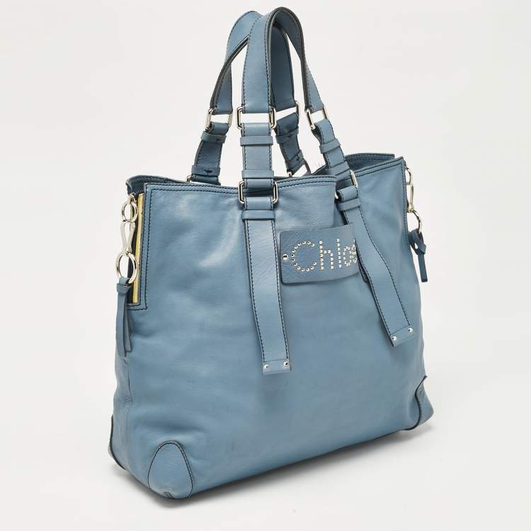 Pre Owned Chloe Blue Leather Studded Logo Patsy Tote