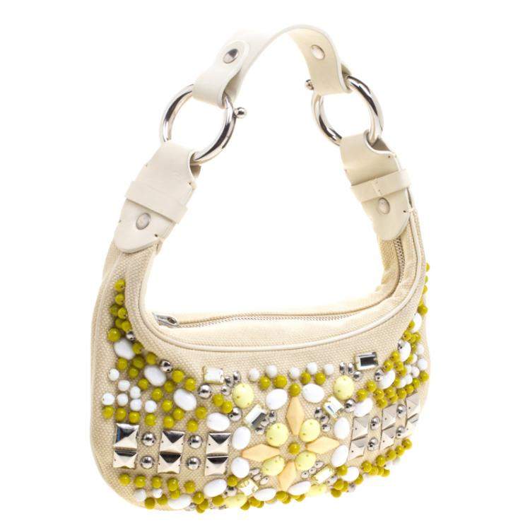 Pre Owned Chloe Cream Canvas Multi Stone Embellished Shoulder Bag