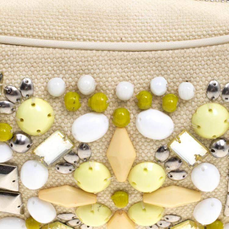 Pre Owned Chloe Cream Canvas Multi Stone Embellished Shoulder Bag