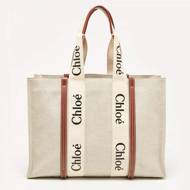 Pre Owned Chloe Beige/Brown Canvas and Leather Large Woody Tote
