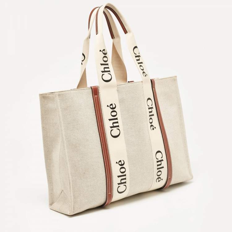 Pre Owned Chloe Beige/Brown Canvas and Leather Large Woody Tote
