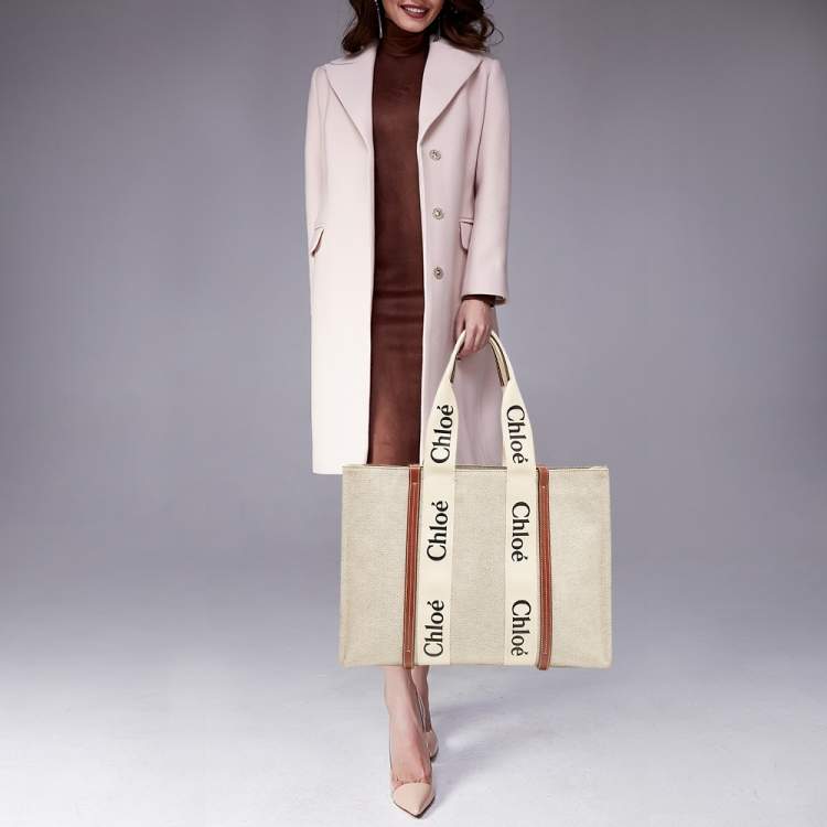 Pre Owned Chloe Beige/Brown Canvas and Leather Large Woody Tote