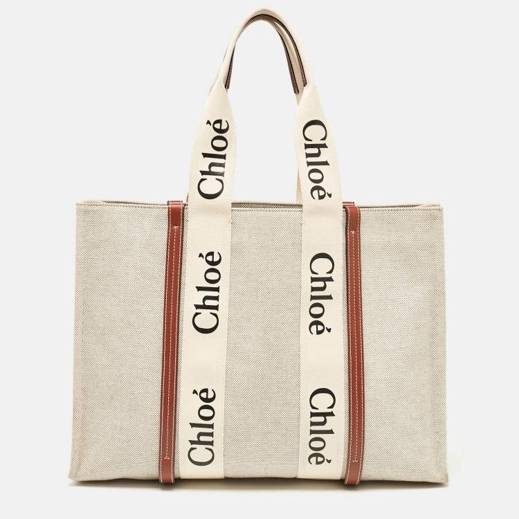 Pre Owned Chloe Beige/Brown Canvas and Leather Large Woody Tote