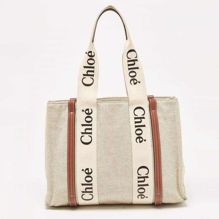 مملوكة مسبقًا Chloe Beige/Brown Canvas and Leather Medium Woody Tote