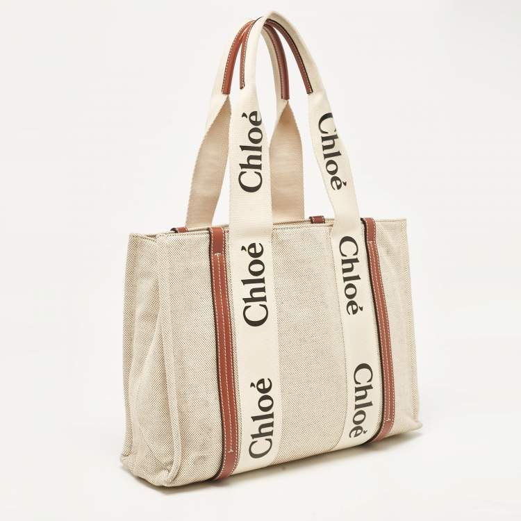 مملوكة مسبقًا Chloe Beige/Brown Canvas and Leather Medium Woody Tote