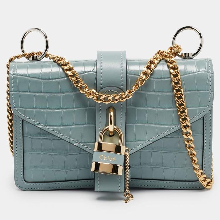 Pre Owned Chloe Light Blue Croc Embossed Leather Small Aby Shoulder Bag
