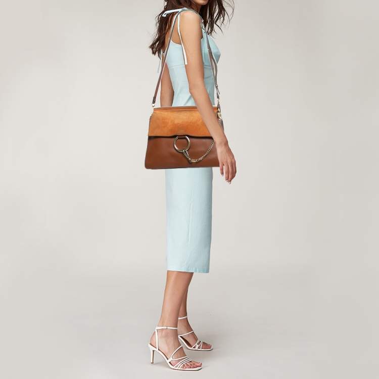 Pre Owned Chloe Brown/Orange Leather ad Suede Faye Medium Shoulder Bag