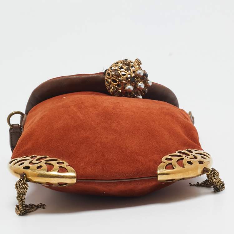 Pre Owned Chloe Brown Suede Embellished Flap Chain Clutch