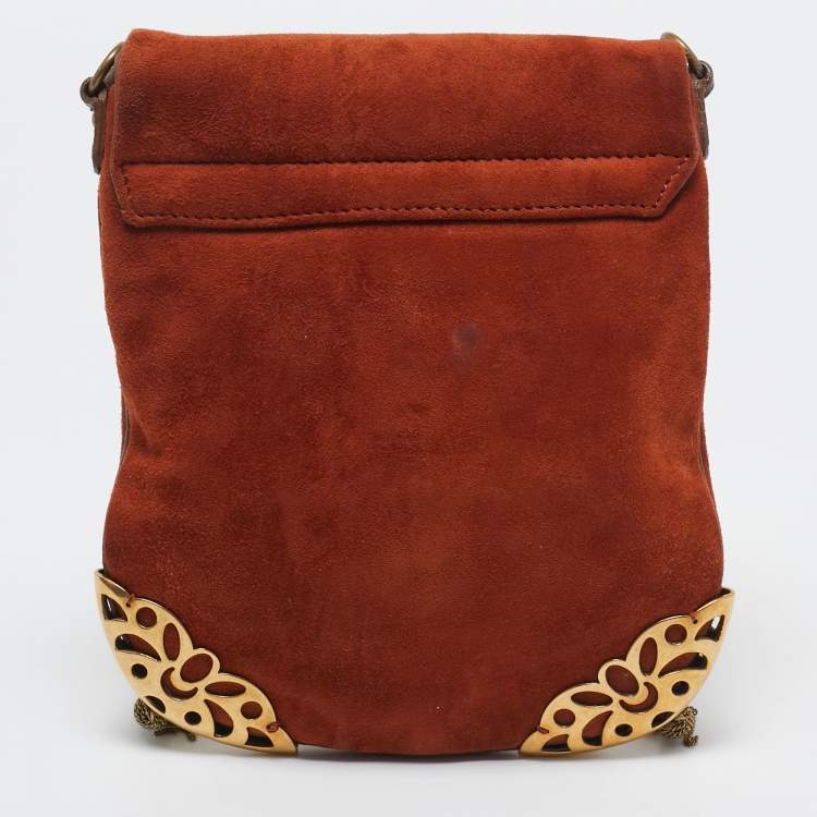 Pre Owned Chloe Brown Suede Embellished Flap Chain Clutch