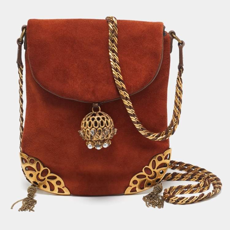 Pre Owned Chloe Brown Suede Embellished Flap Chain Clutch