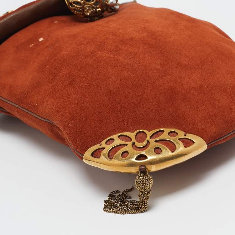 Pre Owned Chloe Brown Suede Embellished Flap Chain Clutch