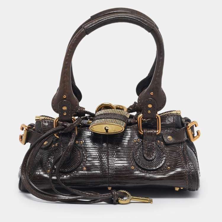 Pre Owned Chloe Dark Brown Lizard and Leather Small Paddington Crystals Satchel