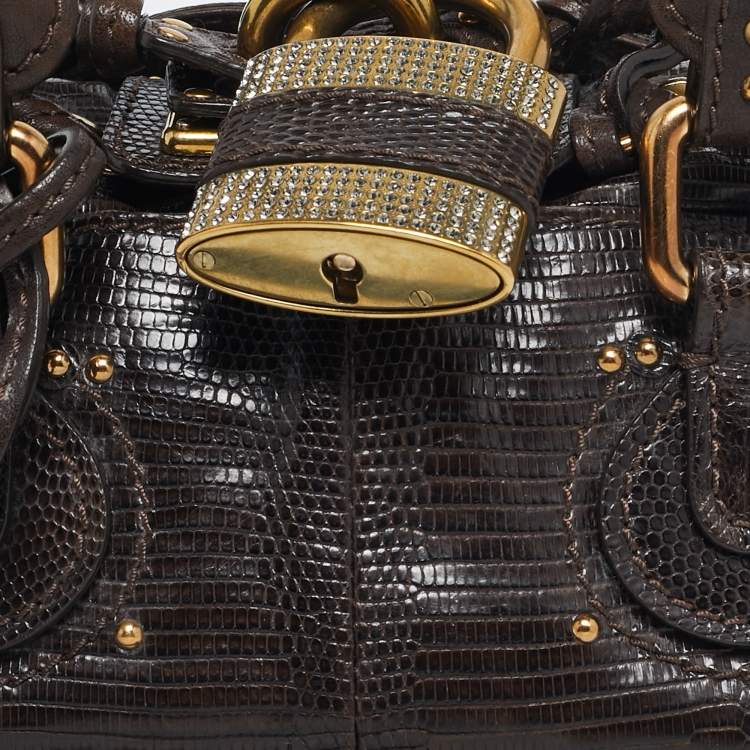 Pre Owned Chloe Dark Brown Lizard and Leather Small Paddington Crystals Satchel