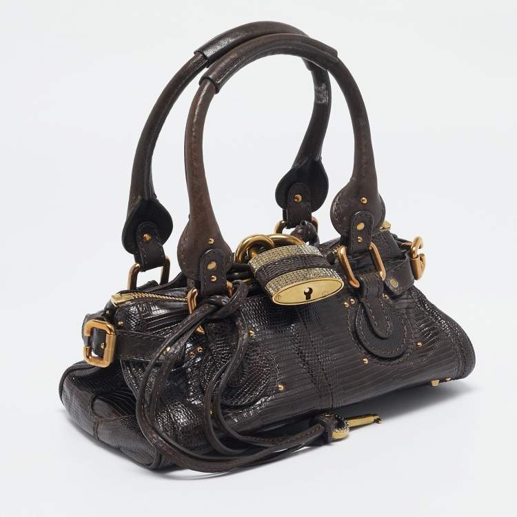 Pre Owned Chloe Dark Brown Lizard and Leather Small Paddington Crystals Satchel