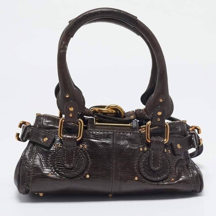 Pre Owned Chloe Dark Brown Lizard and Leather Small Paddington Crystals Satchel