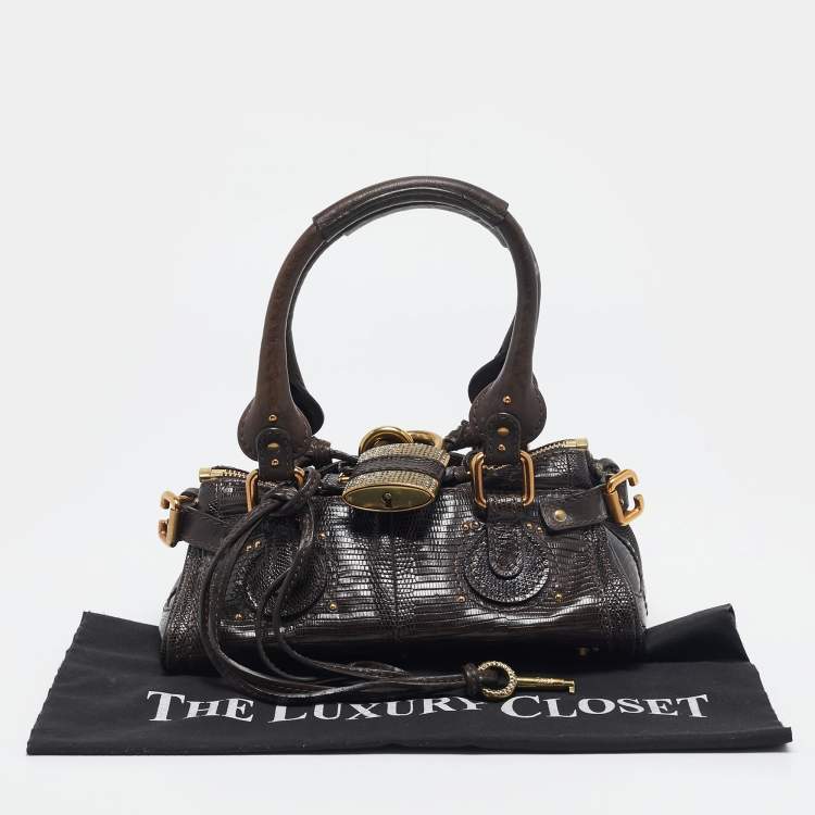Pre Owned Chloe Dark Brown Lizard and Leather Small Paddington Crystals Satchel