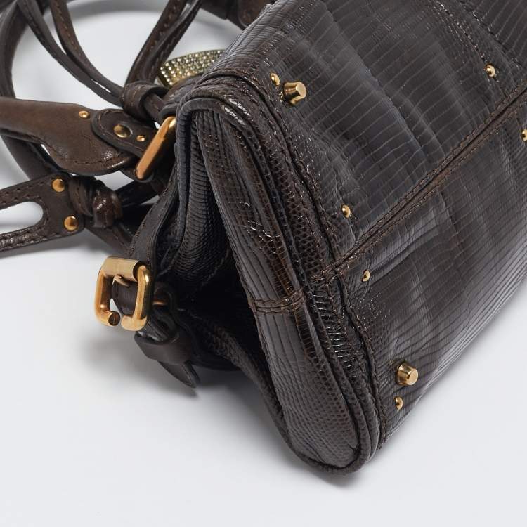 Pre Owned Chloe Dark Brown Lizard and Leather Small Paddington Crystals Satchel