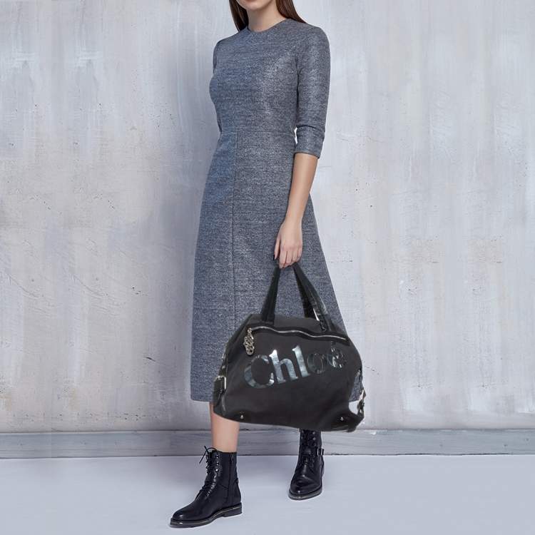 Pre Owned Chloe Black Canvas and Leather Logo Printed Weekender Bag