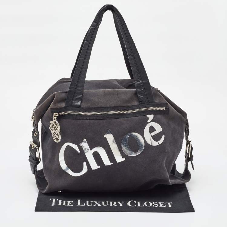 Pre Owned Chloe Black Canvas and Leather Logo Printed Weekender Bag
